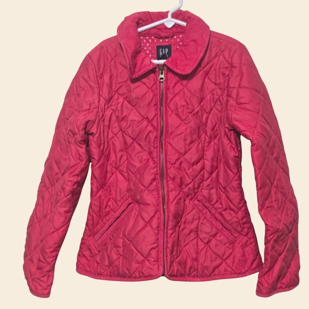 Gap Kids Girls Pink Quilted Jacket Corduroy Collar Polka Dot Lining Size M 8